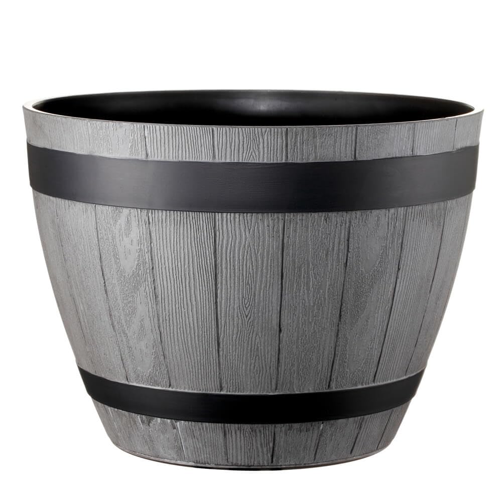 Gardening Naturally Wooden Barrel Effect Planter - Recycled Plastic, UV & Frost Resistant, 26.5cm x 37cm By Flowersea (Light Grey)