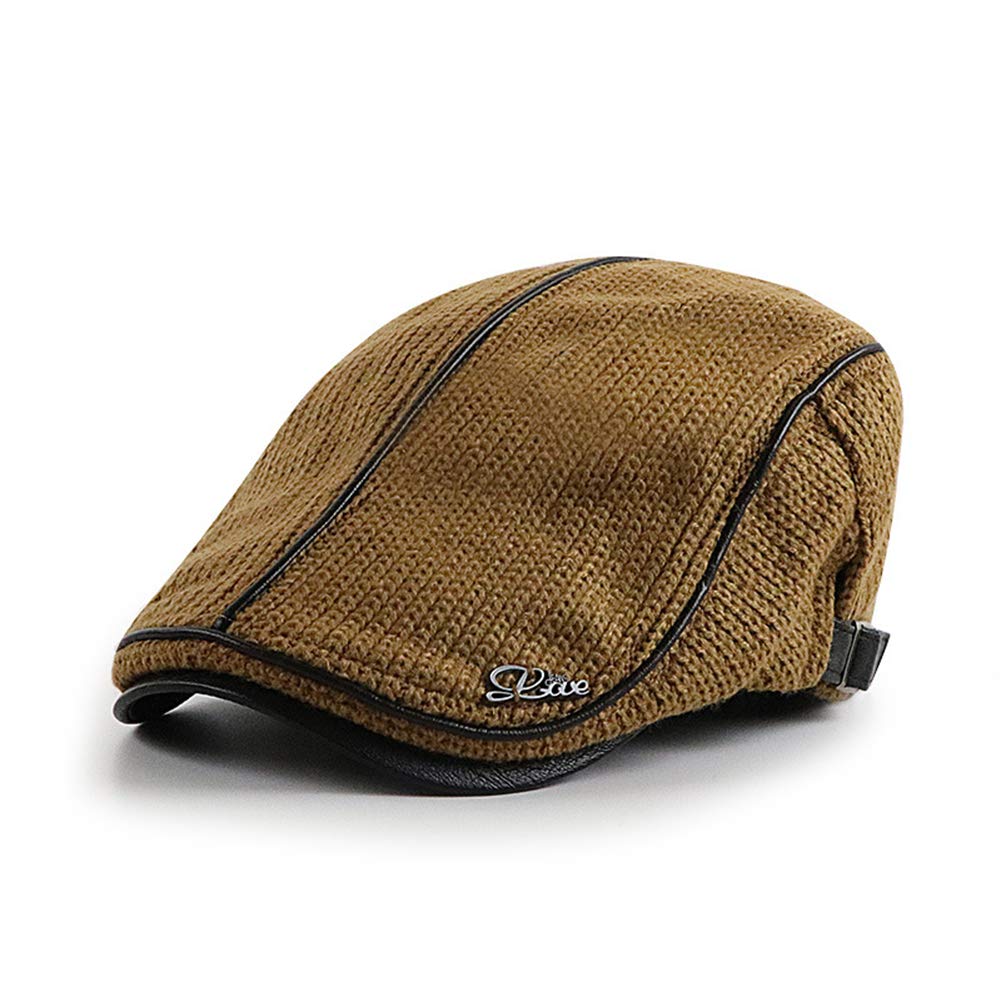 Elwow Men's Deep Yellow Winter Pu Leather Front Cotton Kint Driving Flat Cap Duckbill Ivy Irish Cap Newsboy Cabbie Scally Beret Cap Newsboy Hat With Weave Decorate (Deep Yellow)