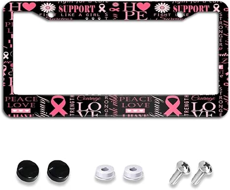 Breast Cancer Awareness License Plate Frame, Pink Ribbon License Plate Holder Stainless Steel Car Plate Cover Accessory Tags Decor 2 Holes Screws 12X16'' Fit All US Vehicle Decoration for Women Men
