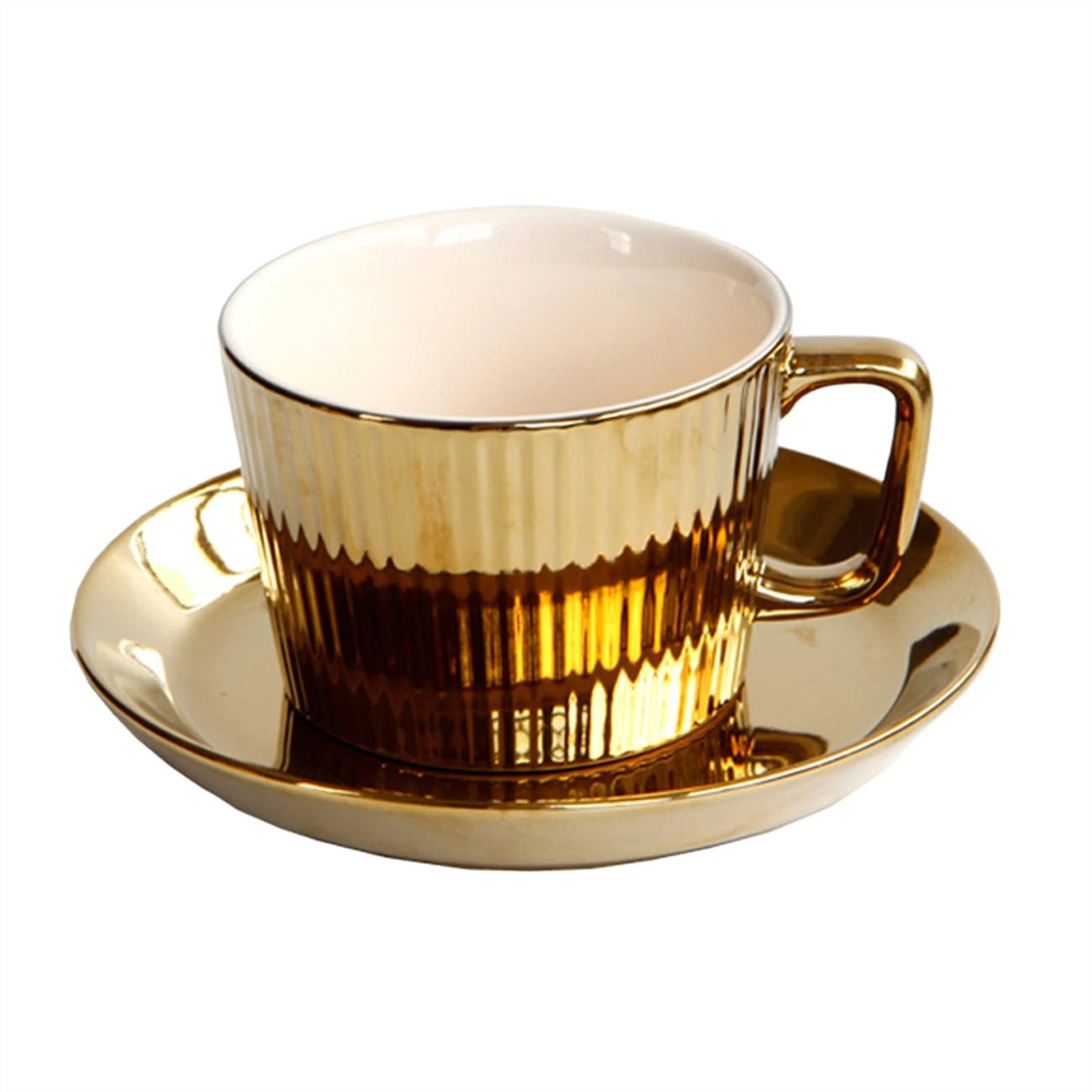 GBZIJIE Coffee Cup Set,Cups and Saucers 250ml Gold Plated Ceramic Tea Coffee Cup & Saucer Set - White