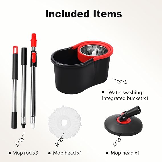 Spin Mop and Bucket, Mop and Bucket with Wringer Set for Home, 360 Spinning Mop Bucket Floor Cleaning Tool with 1 Microfiber Mop Replacement Head,50 Stainless Steel Handle (Black-Includes 1 mop)