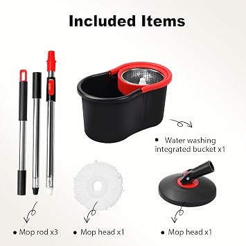 Spin Mop and Bucket, Mop and Bucket with Wringer Set for Home, 360 Spinning Mop Bucket Floor Cleaning Tool with 1 Microfiber Mop Replacement Head,50 Stainless Steel Handle (Black-Includes 1 mop)