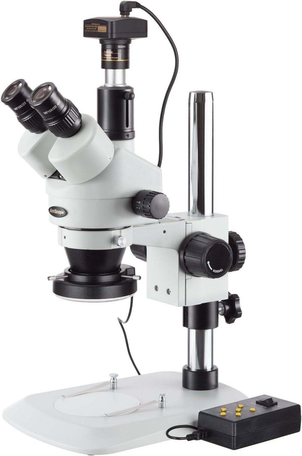 AmScope - Microscopio estéreo Zoom 3,5X-90X con cámara de 10MP + luz 4 Zonas 144 LED