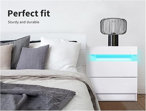 Miniatura 3 de Mesita de noche de alto brillo con luz LED RGB, moderna 2 cajones laterales, mesita de noche, mueble de dormitorio (negro/blanco) (Color blanco)