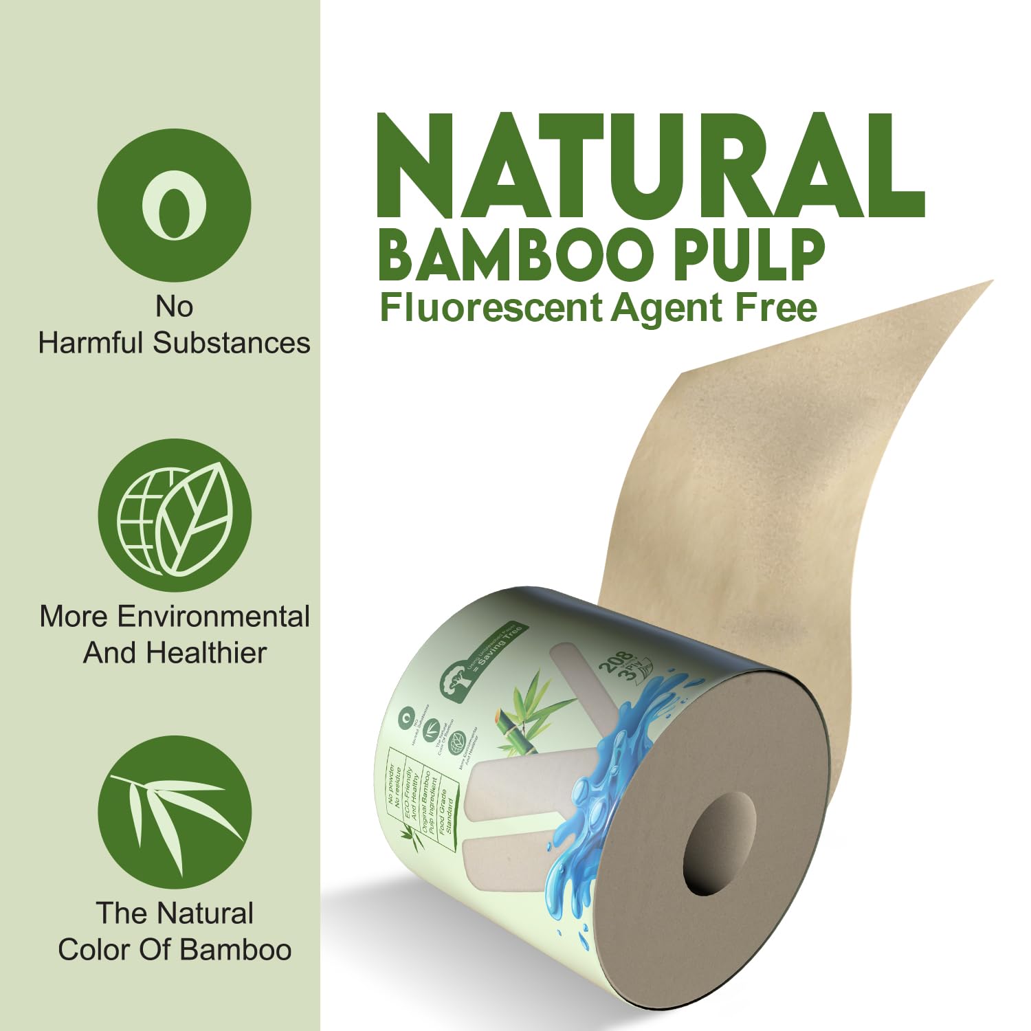 WBM Care W8103-B4-P30-1 - Carta igienica in bambù, forte e flessibile, a 3 strati, completamente naturale, priva di alberi e sicure per l'igiene, 250 fogli, 30 rotoli
