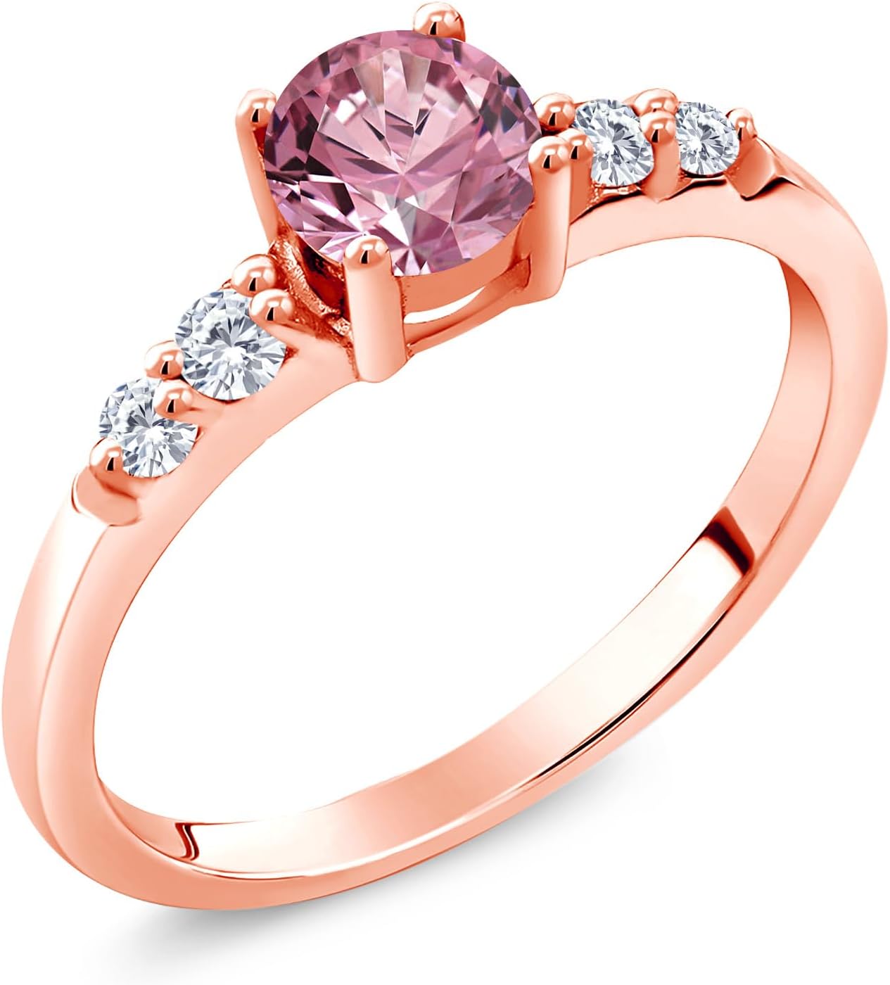 Gem Stone King 18K Rose Gold Plated Silver 5MM Round Gemstone Birthstone and White Lab Grown Diamond Engagement Ring | Wedding Anniversary Promise Ring For Women | Available In Size 5, 6, 7, 8, 9