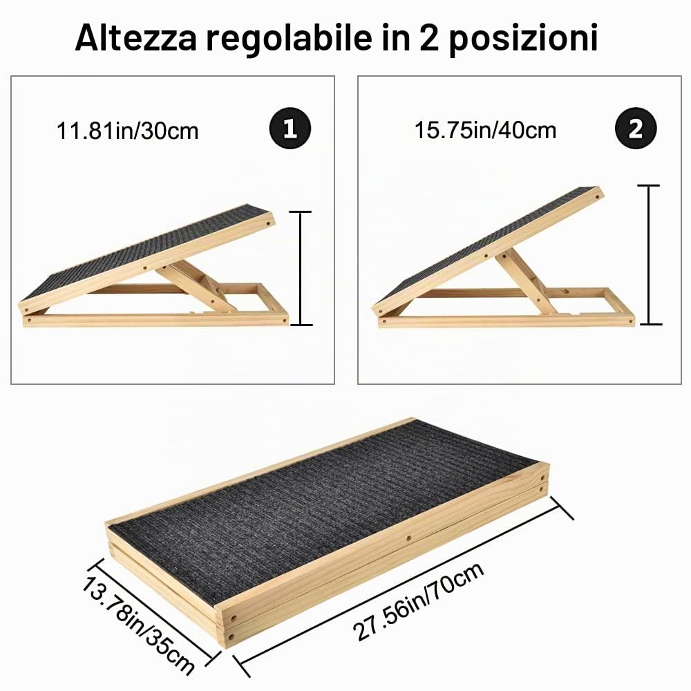 Rampa per cani in legno massello da 70x35 cm, scala per auto per cani, portatile, altezza regolabile, con superficie antiscivolo in moquette, rampa per cani per viaggi in auto e furgone, 2 parti
