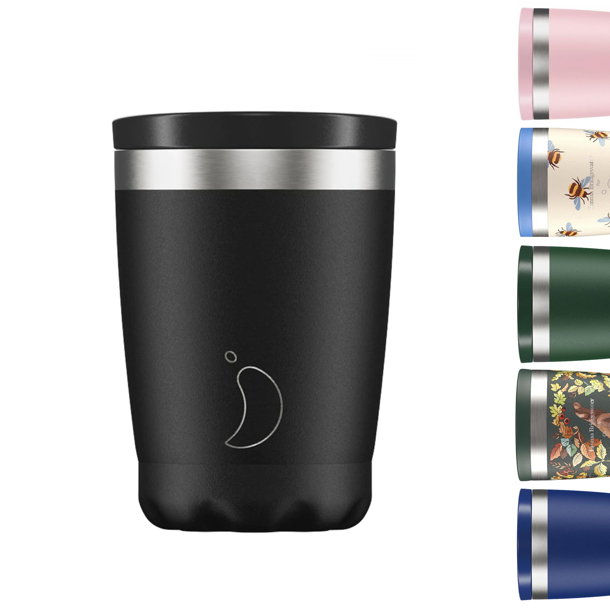 Chilly's Original Taza de Café - Taza Térmica Portátil para Bebidas Frías y Calientes - con Tapa - Taza de Doble Pared con Aislamiento al Vacío - Acero Inoxidable - Negro Monocromado, 340ml