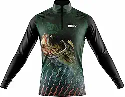 Camisa de Pesca Masculina Black Bass Manga Longa Gola Alta Zíper Estampa Peixe Proteção Solar Antimosquito