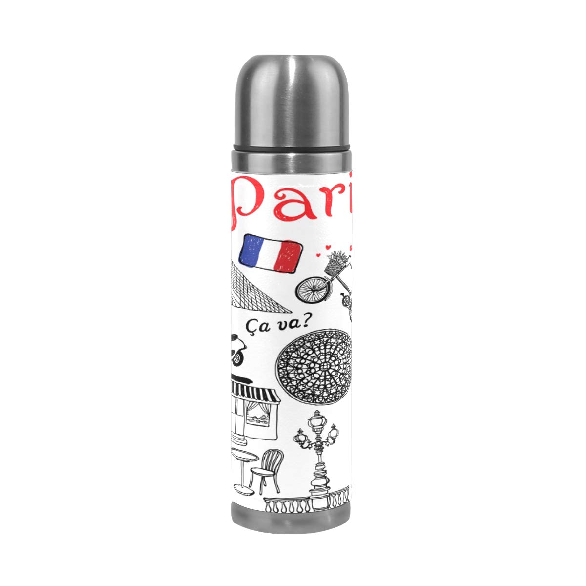 Taza de viaje aislada al vacío de acero inoxidable con doble pared a prueba de fugas, botella de taza con diseño de París, impresión personalizada impresa en piel auténtica, termo de 500 ml