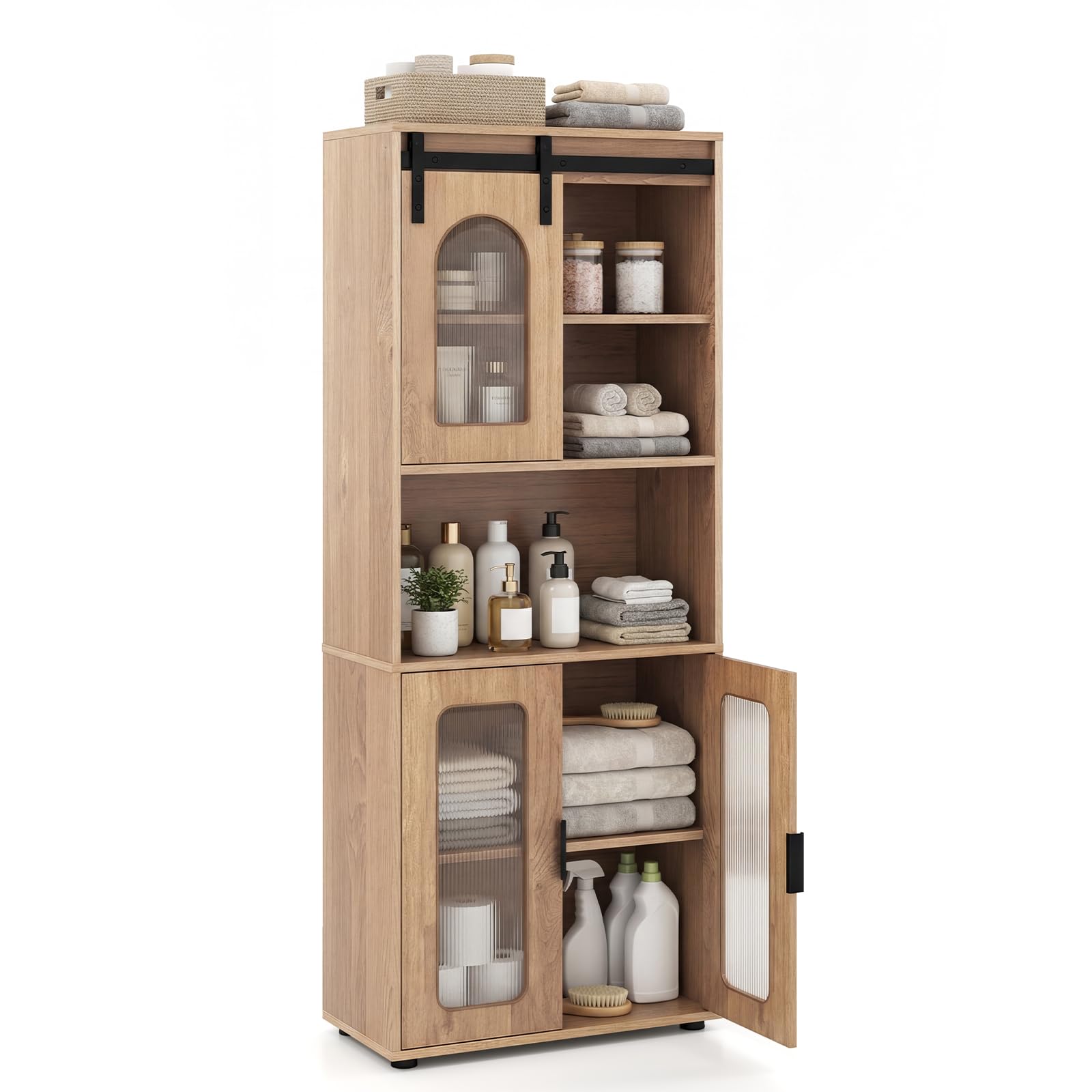 GiantexUK Tall Kitchen Cupboard with Sliding Barn Door, Wooden Sideboard