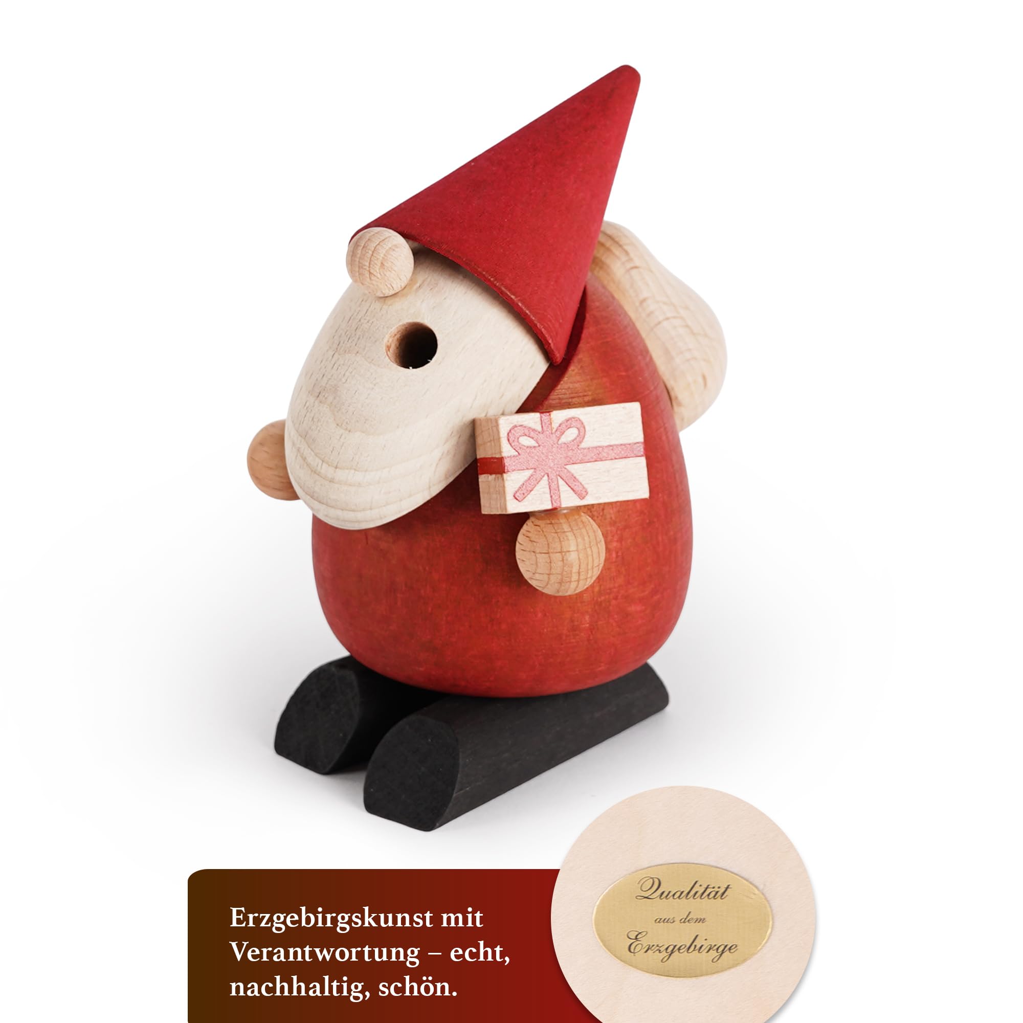 SAICO Räuchermännchen Weihnachtsmann Bescherung 11 cm - Handgefertigte Holzfigur inkl. Räucherfunktion - Erzgebirgische Handarbeit - Moderne Weihnachtsdekoration Made in Germany