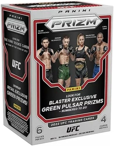 2022 Panini Prizm UFC Sealed Blaster Box 6 Packs of 4 Cards. Chase exclusive Green Pulsar parallels numbered to 25.