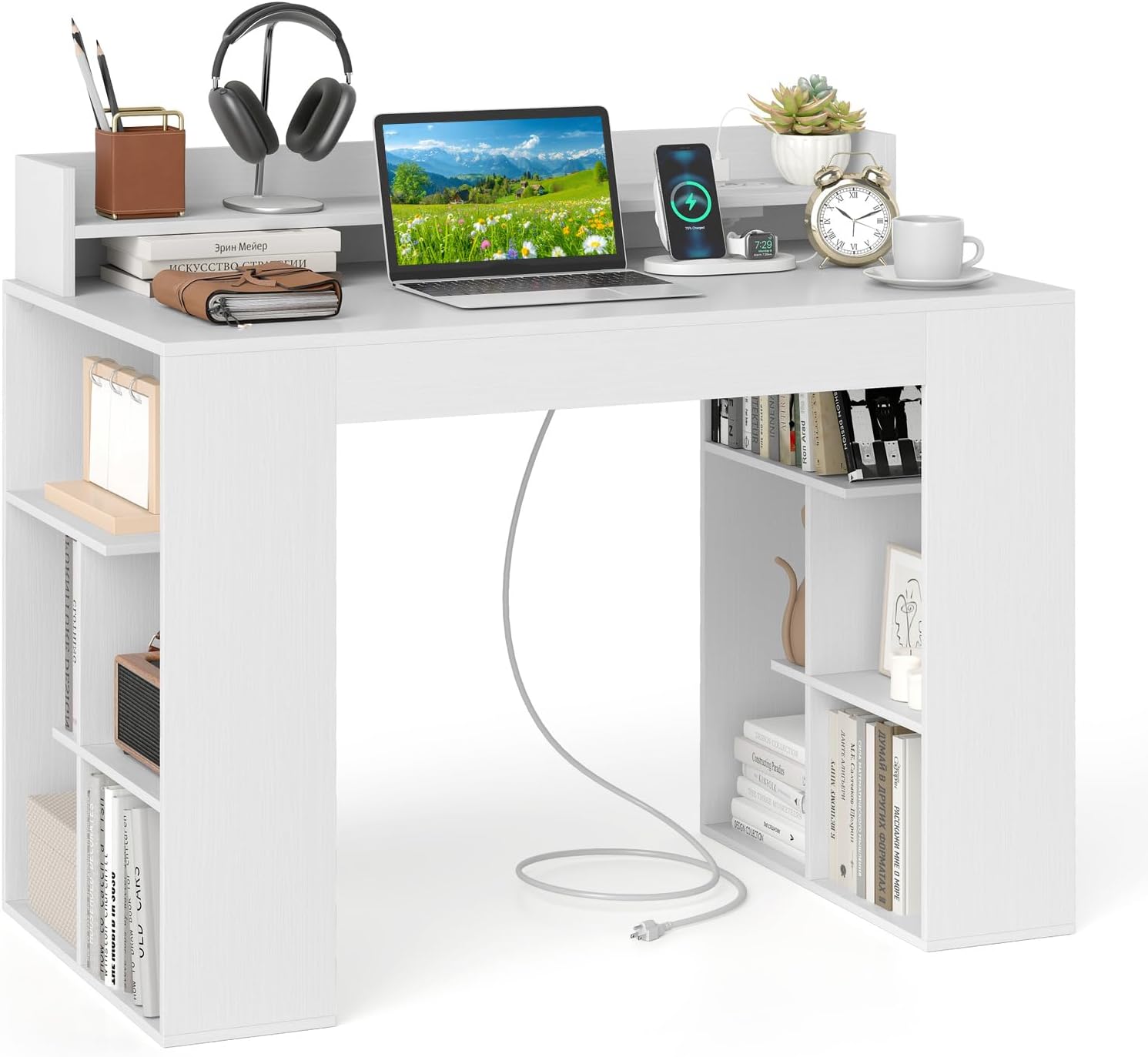 Tangkula Computer Desk with Power Outlets, 43” Home Office Desk with Monitor Shelf & 2 Bookcases, Modern Writing Desk PC Workstation with Type C Charging for Bedroom Dorm (White)