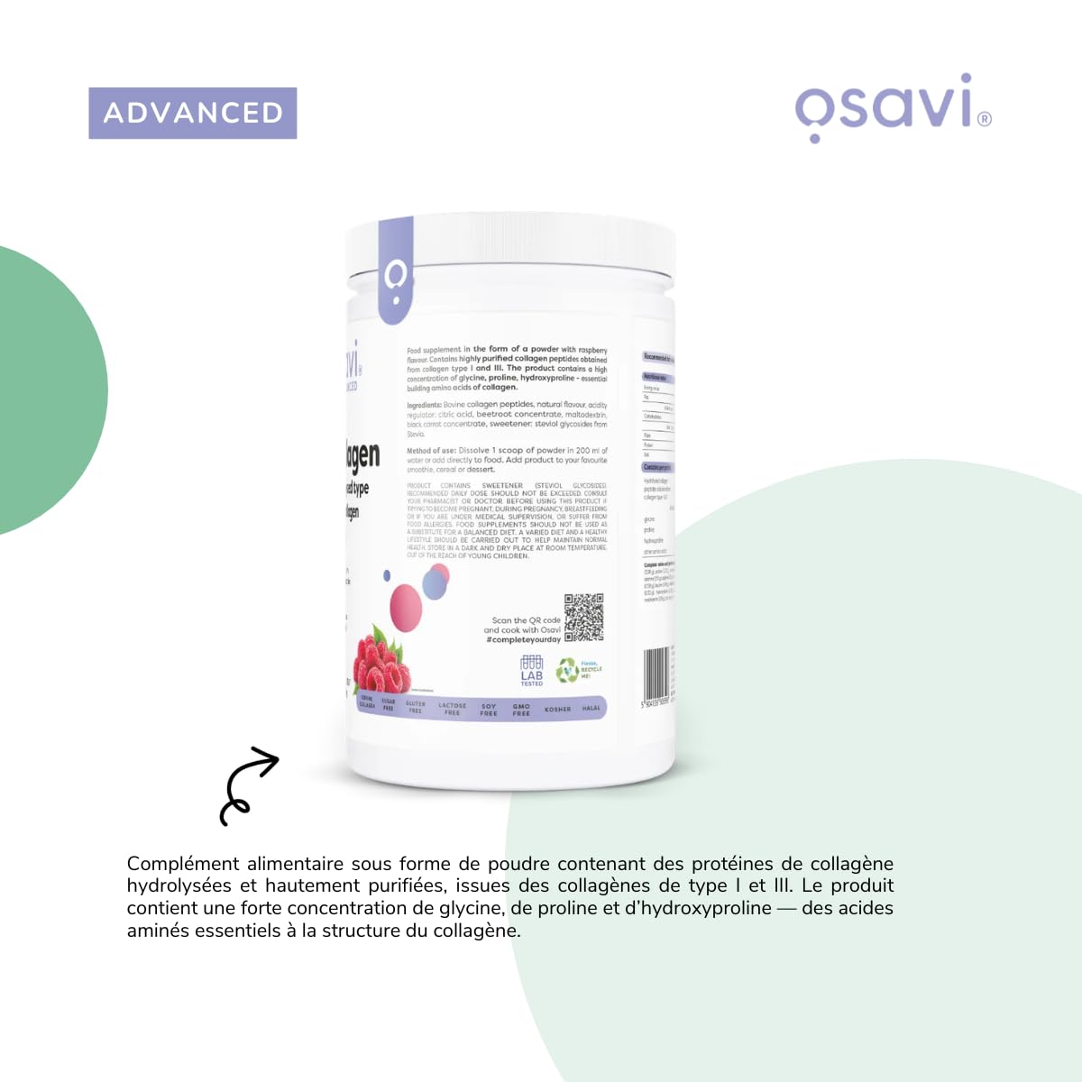 Osavi Collagène Hydrolysé Type I & III – 660 g Poudre | Saveur framboise | 20 g de peptides par portion | 18 acides aminés dont glycine & proline | Soutient muscles & os | Se dissout facilement
