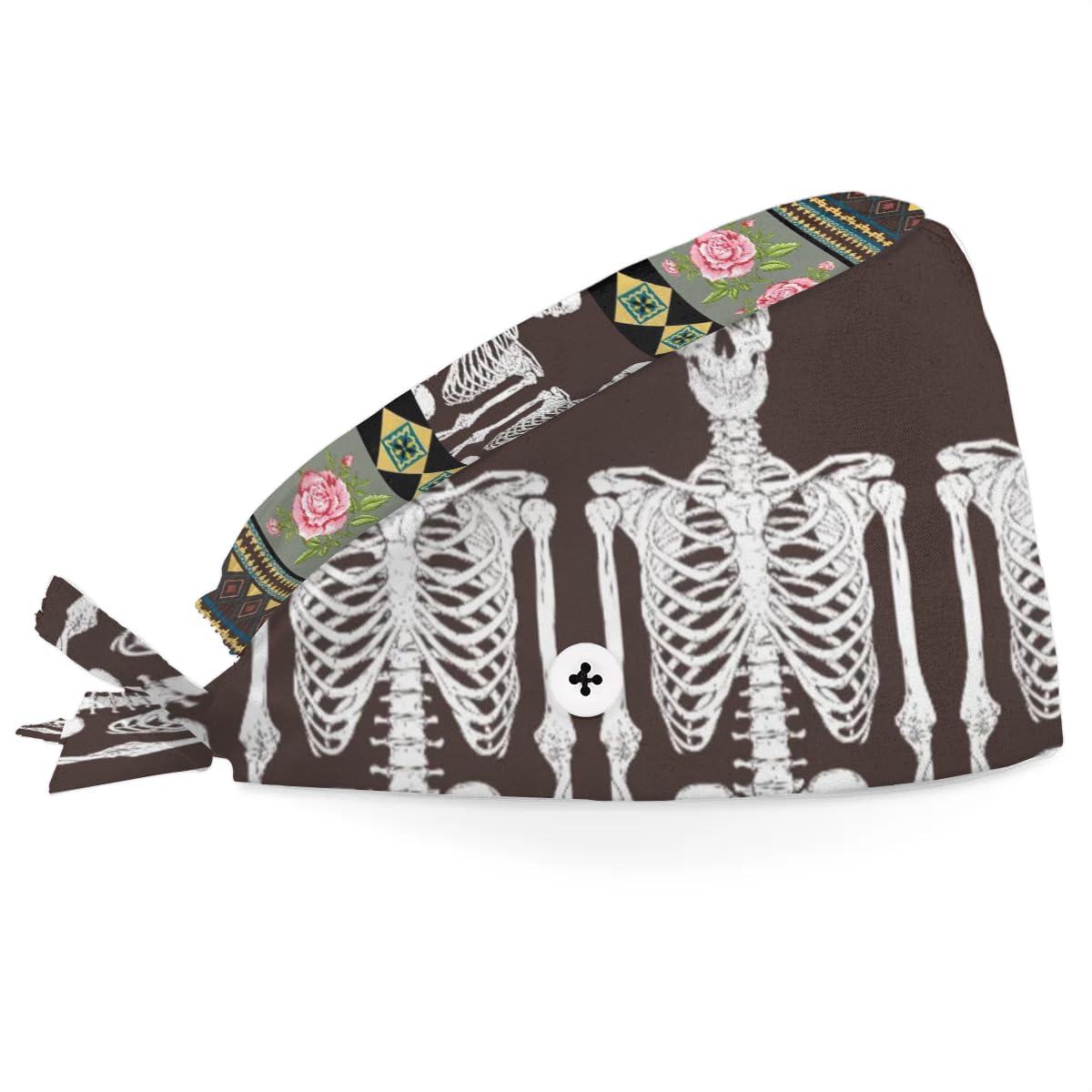 Mularoka Rosette Skull Man Vintage Working Caps with Button Sweatband Comfortable Adjustable Bouffant Hats Work Hat for Women Men