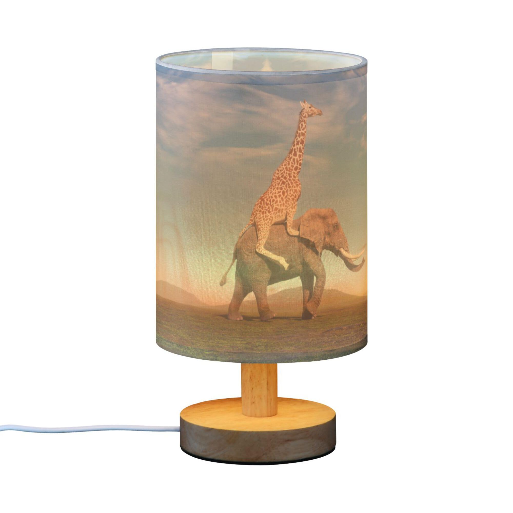 YYZZH Table Lamp Giraffe Elephant in Woodland Nightstand Lamp with Wood Base Fabric Lamp Shade Bedside Desk Lamp for Living Room Bedroom Kids Room Office