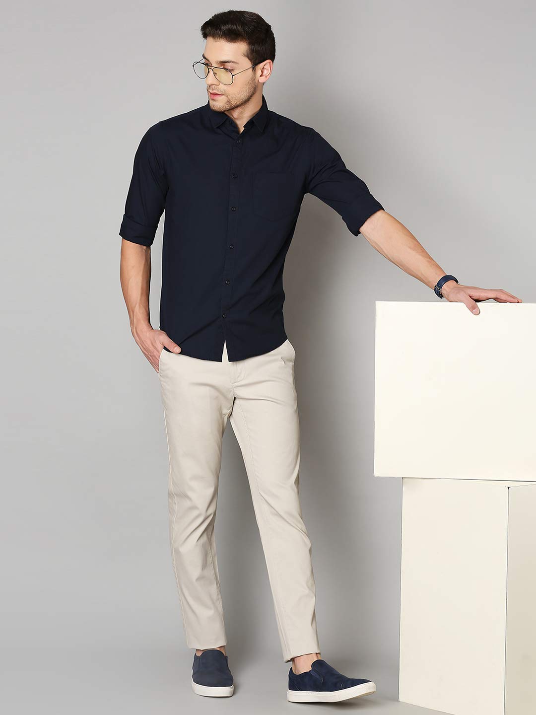 Dennis Lingo Men's Cotton Navyblue Solid Casual Shirt (C301_Navyblue_XL) 1