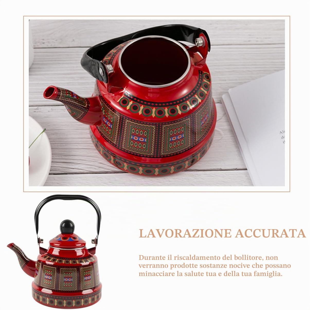 Garneck Bollitore Teiera Smaltato Vintage Rosso 1,7, Adatto a Piani a Induzione, in Acciaio Inox, per Ristorante e Cucina