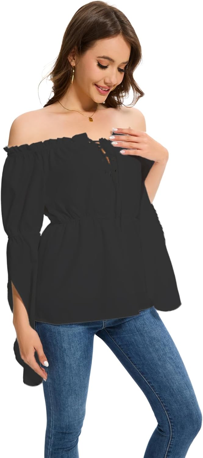 BATHRINS Renaissance Shirt Women Flowy Trumpet Sleeve Peasnat Blouse Off Shoulder Strappy V Neck Pirate Tops - Image 5