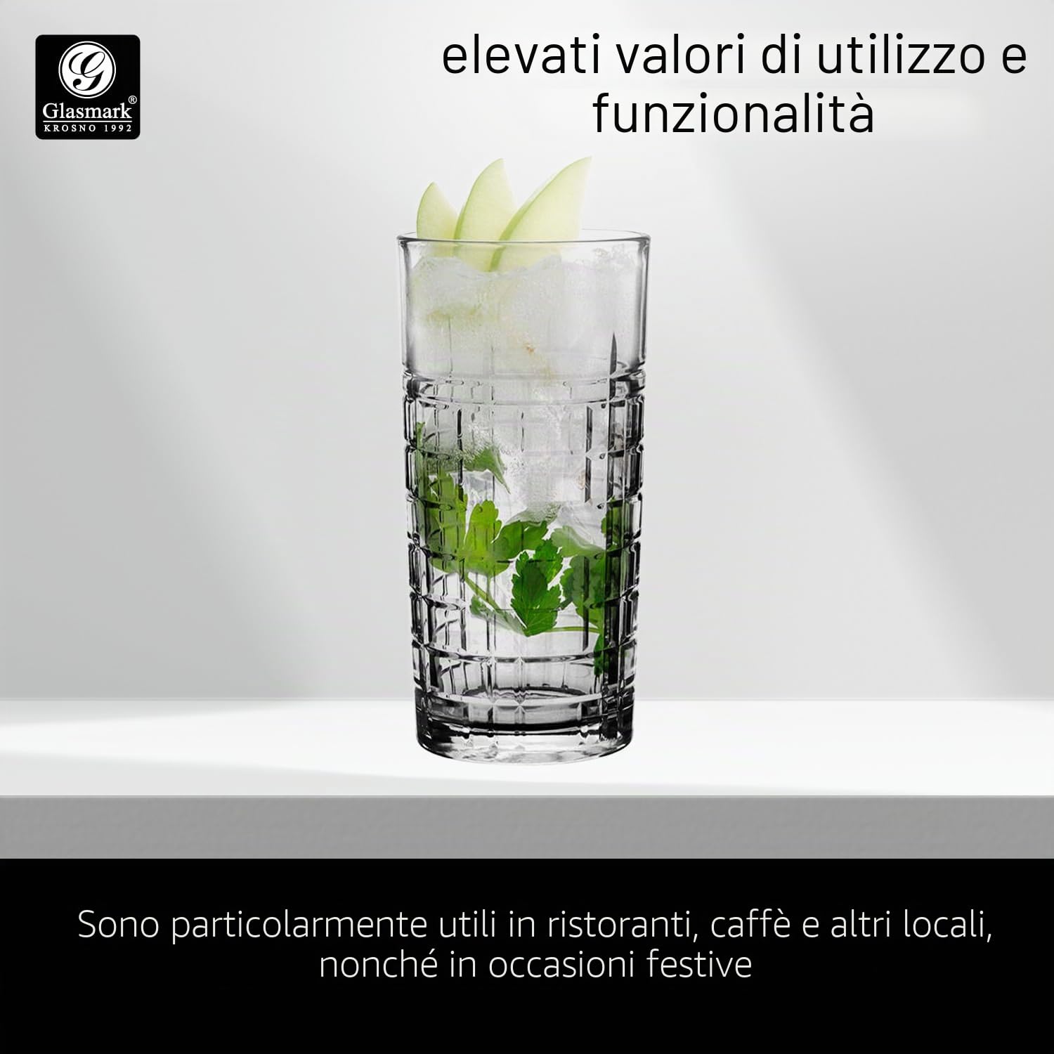 Glasmark Krosno - Set di bicchieri da acqua per long drink, cocktail gin acqua, long drink, bicchieri da cocktail, bicchieri per acqua, lavabili in lavastoviglie, trasparenti, con effetto cristallo, 6