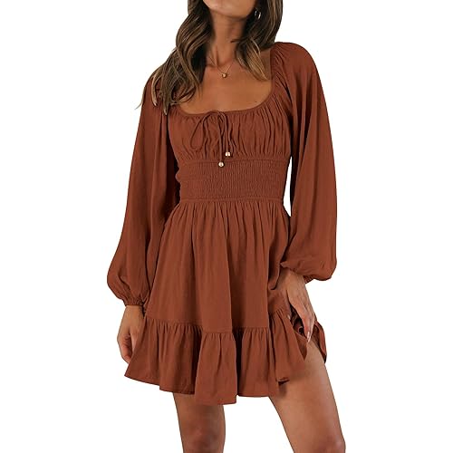 LILLUSORY Women's Long Sleeve Mini Dresses 2024 Summer Square Neck Cottagecore Casual Smocked Flowy Short Dress