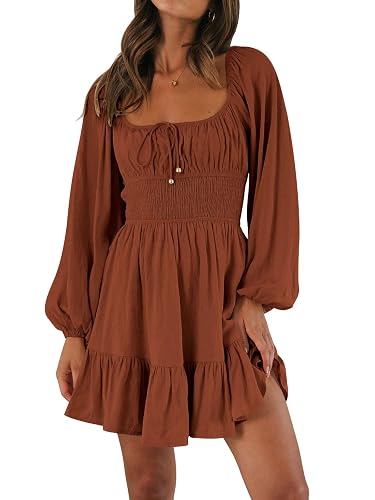 LILLUSORY Women's Long Sleeve Mini Cottagecore Dresses 2025 Fall Outfits Square Neck Casual Flowy Short Dress Fashion - Medium - Caramel