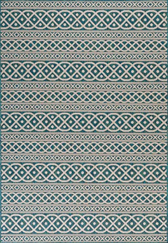 Rugbuggery Indoor Outdoor Anti-Fade Moroccan Boho Panel Area Rug 8'X10' Ocean Blue (Bohemian, Southwestern, Transitional, Pet Friendly, Non Shedding, Stain Resistant) #TOP5