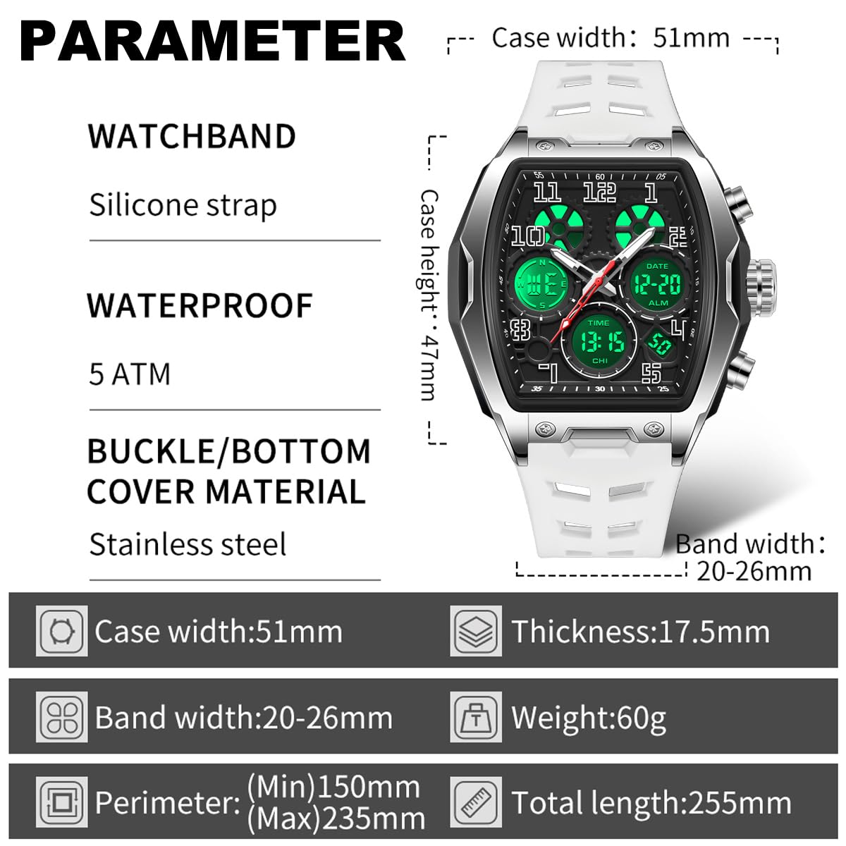 findtime Reloj digital analógico para hombre, cuadrado, único, deportivo, militar, táctico, resistente al agua, con cronómetro, alarma, cuenta regresiva, calendario luminoso, pantalla curvada