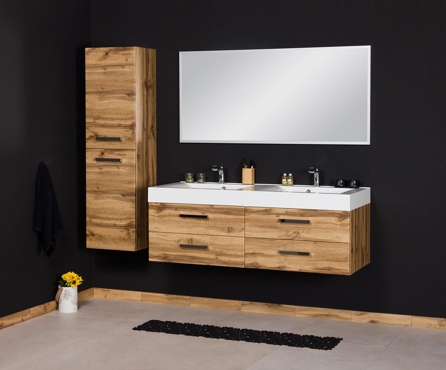 Quentis Badmöbelset ZENO 140 cm, Doppelwaschtisch mit Unterschrank, Eiche Natur, 4 Schubladen, Unterschrank montiert