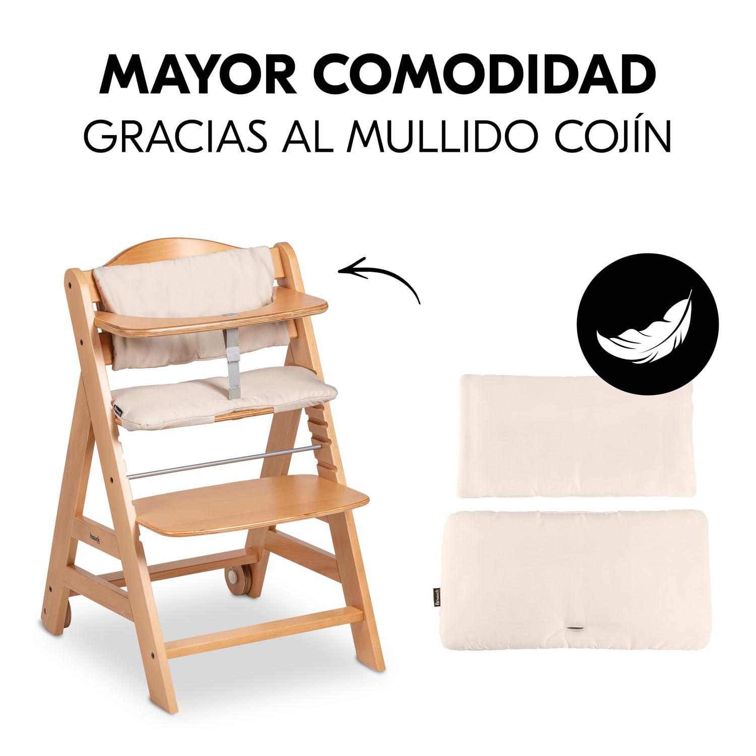 hauck Beta Plus Trona Evolutiva Madera con Certificado FSC® Cojín y Bandeja, Trona Bebe Evolutiva a partir de 6 Meses con Arnés de Seguridad y Ruedas, Sistema Antivuelco, Natural