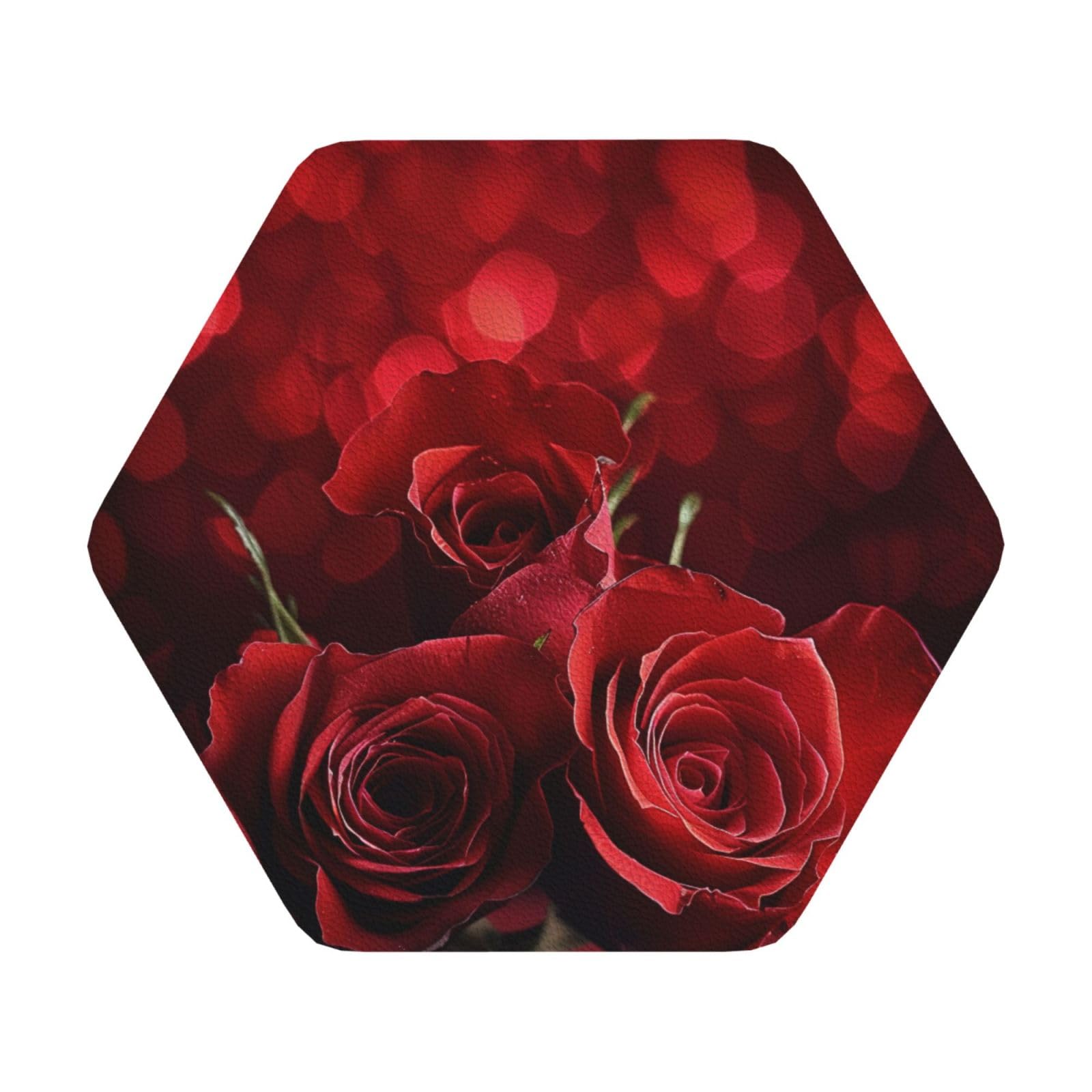 Rose Print Leather Coaster Set of 6, Hexagon Coasters Table Decorative Coffee Cup Beverage Coasters Wine Beer Bar Coasters for Hot Drinks Table Protection