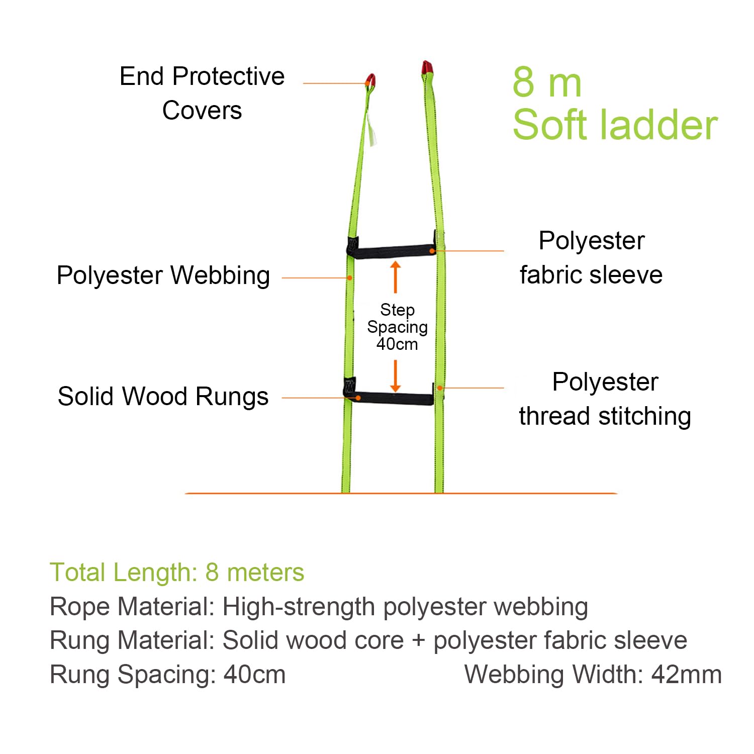 Escalera De Cuerda,8m Escalera Trenzada,Portátil para Emergencias,Adecuada para Casas De 3-5 Plantas,Balcones y Barandillas,con Una Capacidad De Carga De hasta 350 Kg(770 Libras),Verde