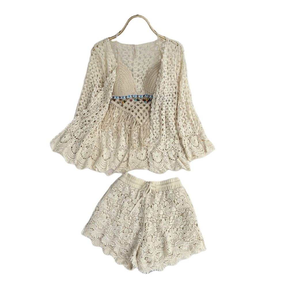 OZEO Pulls sans Manches Gilet,Ensemble De Bikini Triangle Au Crochet avec Couvertures pour Femmes Débardeurs avec Coussinet Gland D'Été Halter Neck Crop Tank Tops Ethnique Sexy Tricoté Plage Maillot