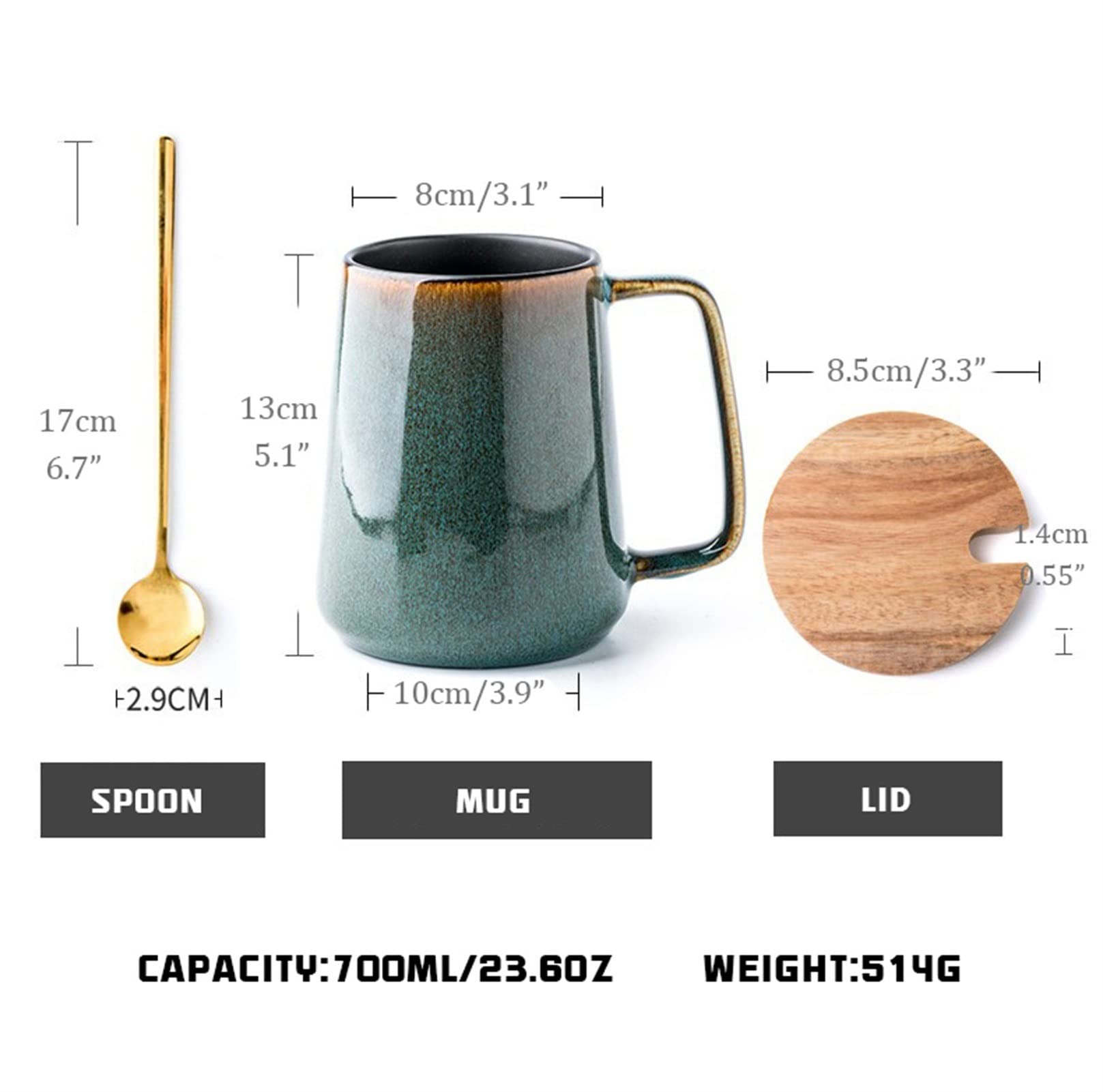 Juego de tazas de café de cerámica con tapa y cuchara, taza de té grande de 23 onzas para oficina y hogar, taza apta para lavavajillas y microondas