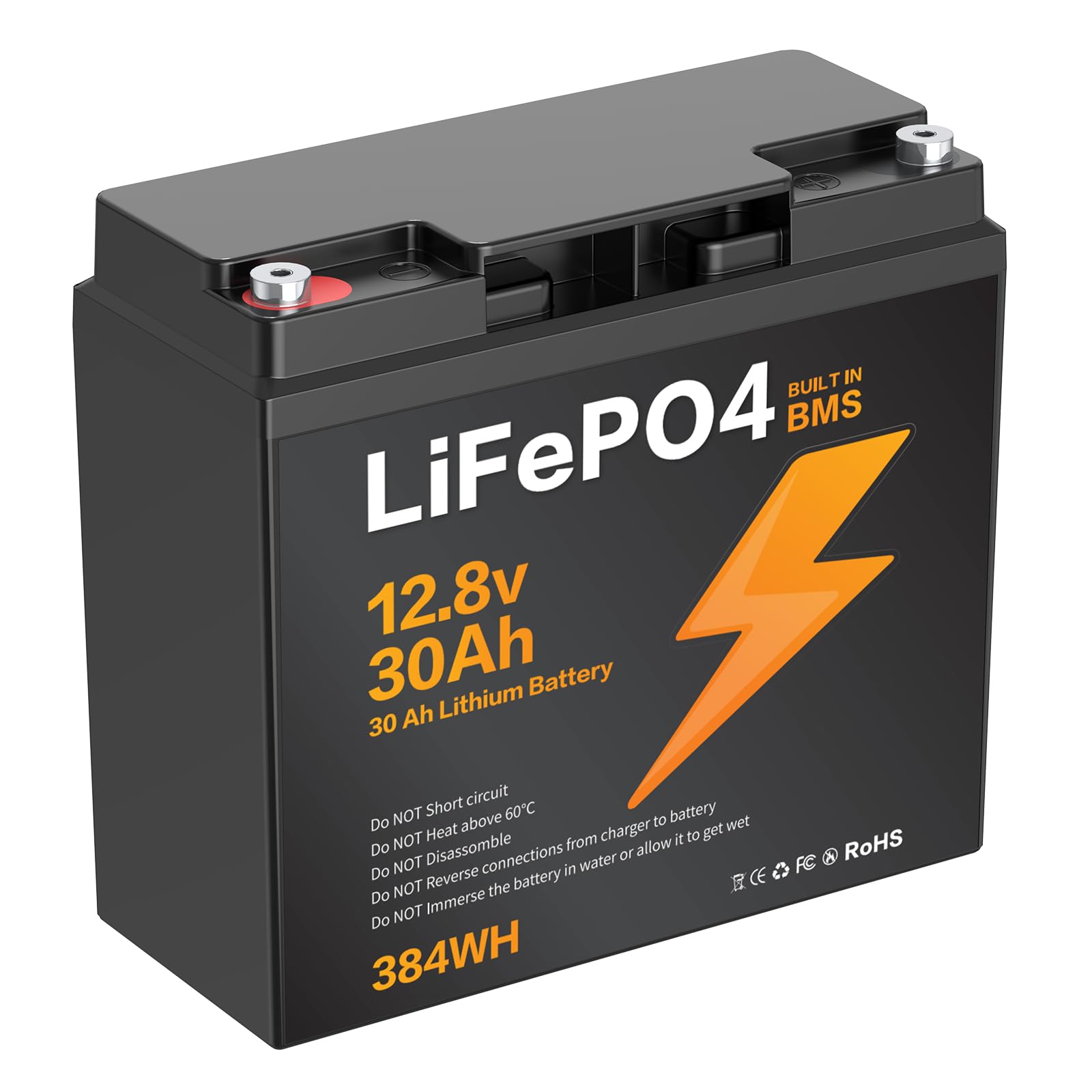 12,8V 30Ah LiFePO4 Batterie 384Wh mit integriertem BMS-Schutz | LiFePO4 Lithium Batterie mit BMS-Schutz, passend für Solaranlagen, Camping-, Boots- und Wohnwagengeräte