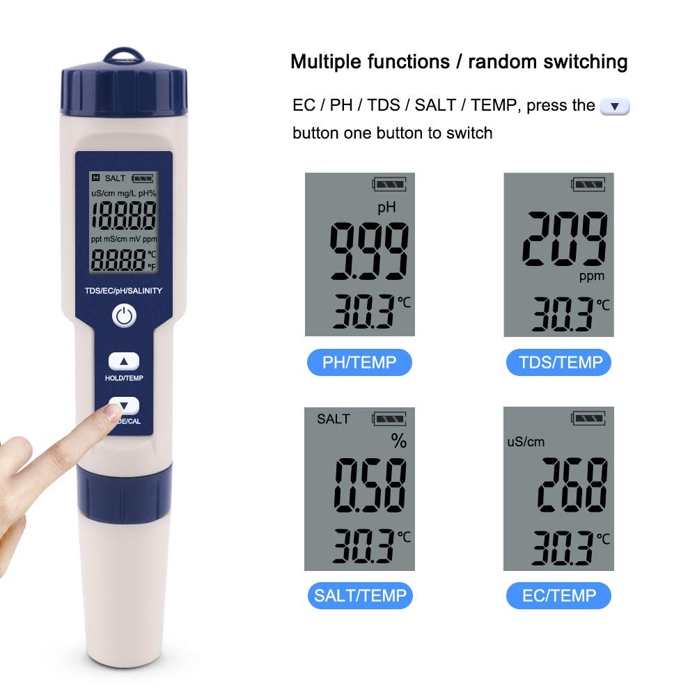 Testeur Numérique 5 en 1 TDS/EC/PH/Salinité/Température de L'eau Pour Hydroponie/Aquarium/Piscine/Eau Potable DH12