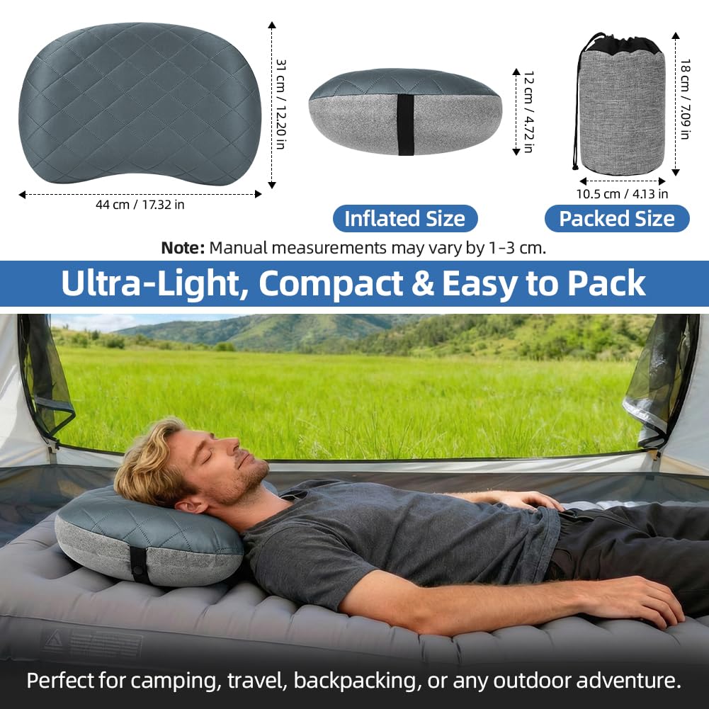 Beugo Almohada Inflable para Viaje/Acampar, Almohada Hinchable Playa portátil TPU, Almohadas de Viaje Comprimible con Funda extraíble y Bolsa, ergonómica, para Oficina, Picnic, Playa, Viajes, Gris
