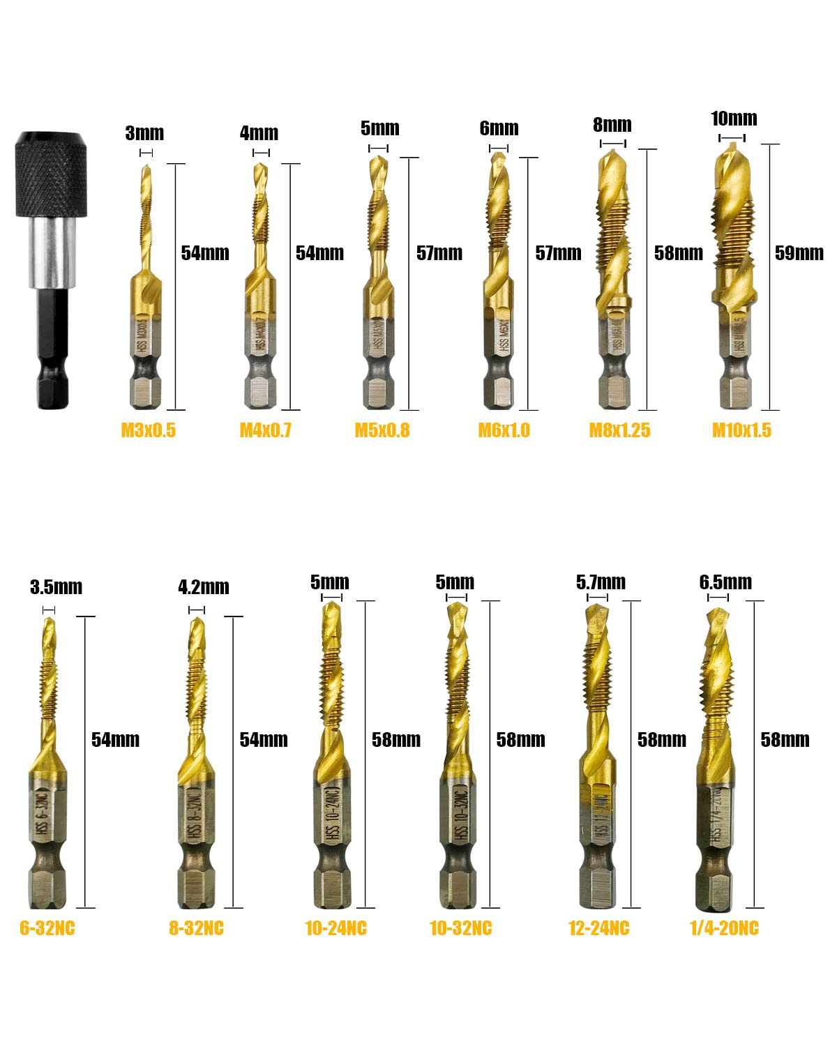 Lot De 13 Forets-tarauds HSS SAE/métriques - Tige Hexagonale 6,35 Mm Avec Adaptateur Rapide Pour Perçage Et Taraudage