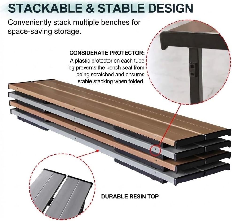 Collapsible Portable Folding Benches Seat for Outside Seating Soccer Sports Team Camping Foldable Bench Iron Tubes,Brown-59.25"