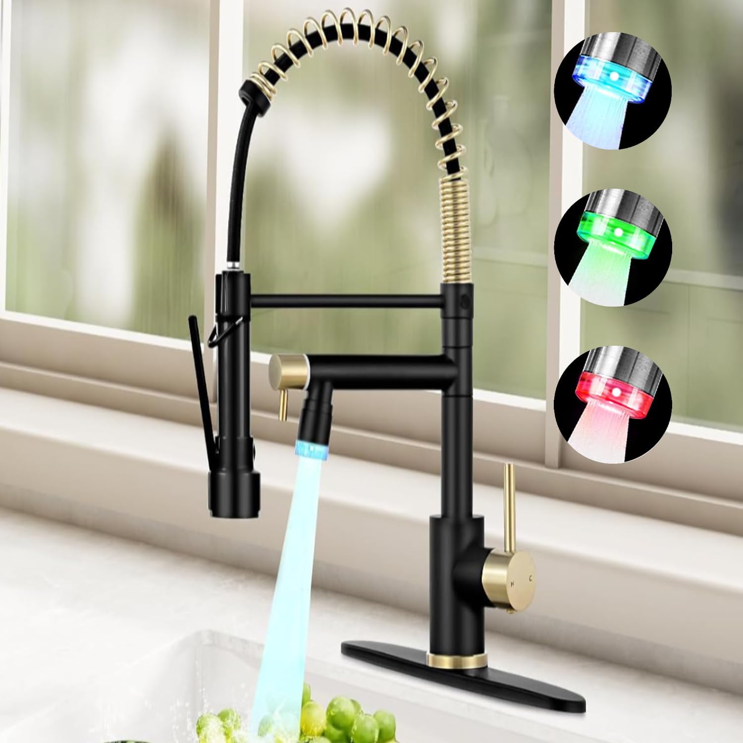 - Smart Kitchen Faucet, 3 Modes Pull Down Sprayer, LED Temperature Control, Ceramic Valve,360-Degree Rotation,1 or 3 Hole Deck Plate, Double Spout. 10-Year Warranty.(Matt Black/Gold, KW-21RK)