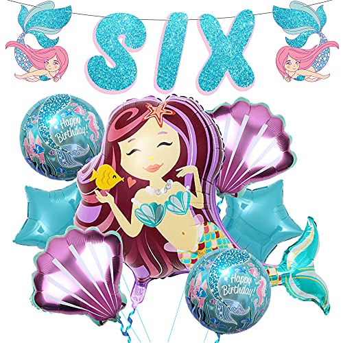 Glitter Six Banner for 6th Mermaid Party Decorations - Large, 38 Inch Mermaid Balloons | Mermaid Birthday Banner | Mermaid Seashell Balloons for Under The Sea, Mermaid 6th Birthday Decorations Girl