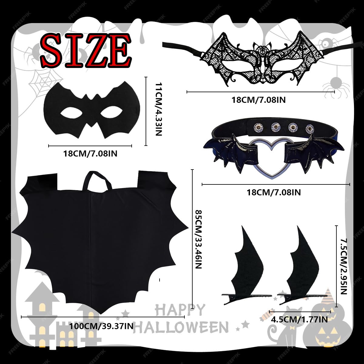 Bat Wings Costume Set, 6 PCS Bat Costume Set, Role Play Party with Cape, Eye Mask & Hair Clipsand Necklace - Image 2