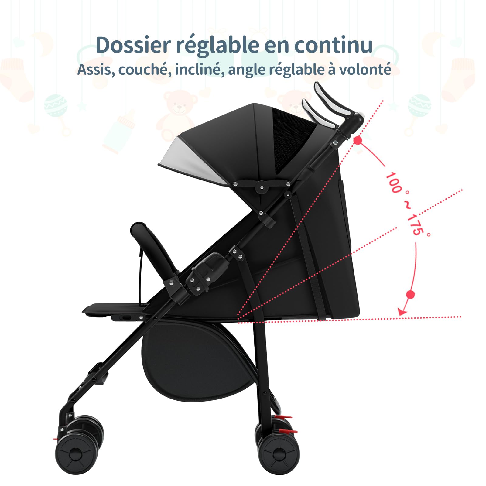 Poussette Canne Compacte 0-4 Ans Légère Pliable Une Main Dossier Inclinable Harnais 5 Points Auvent Moustiquaire 15 kg