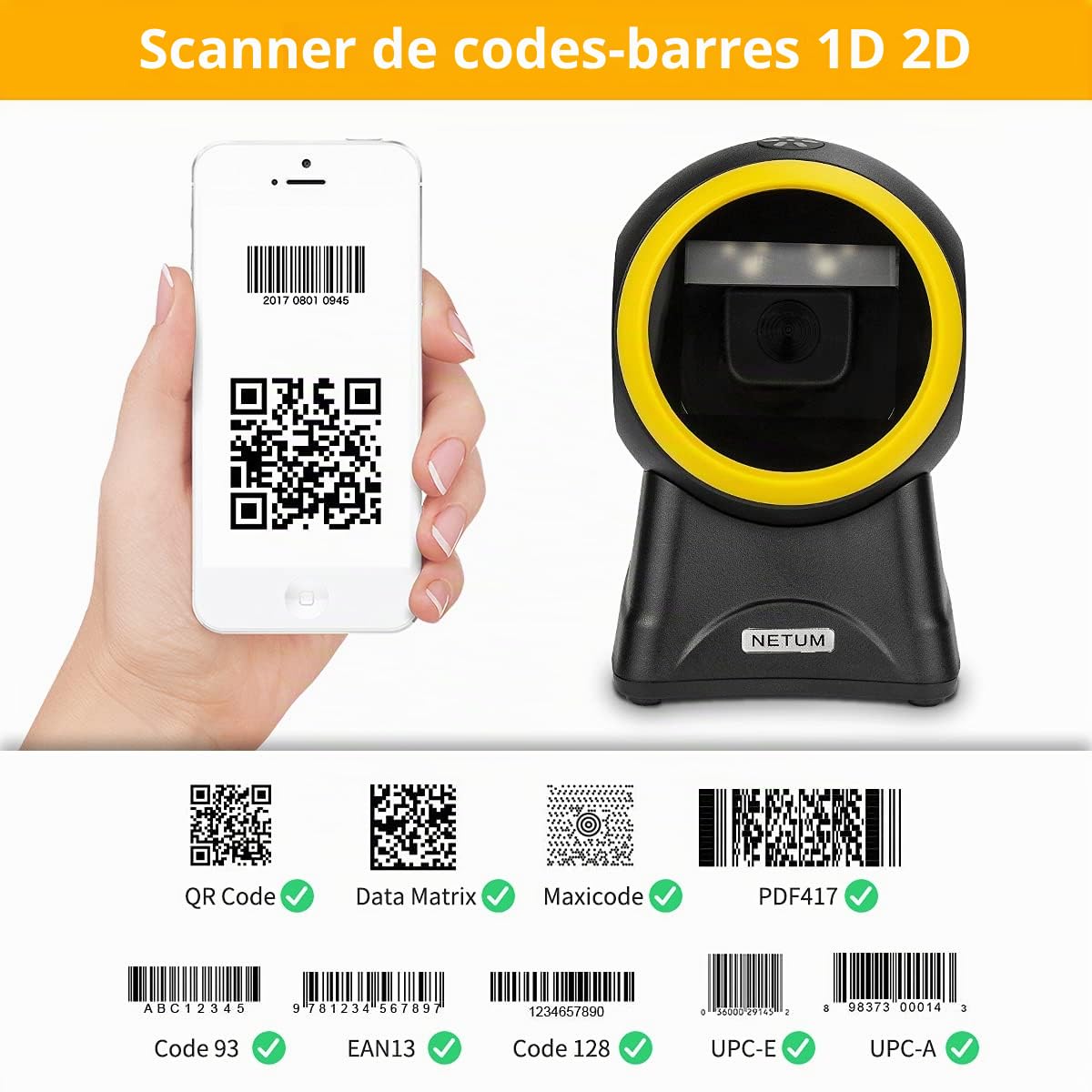 NetumScan Scanner de Codes-Barres Omnidirectionnel USB Mains Libres QR 2D pour Paiement Mobile Numérisation D'écran D'ordinateur PDF417, Data Matrix NS2055L