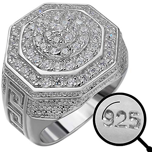 HarlemBling Solid 925 Sterling Silver Men's Ring Iced Flooded Out Ring - Icy Hip Hop Octagonal Cluster Men's Ring - Large 18mm