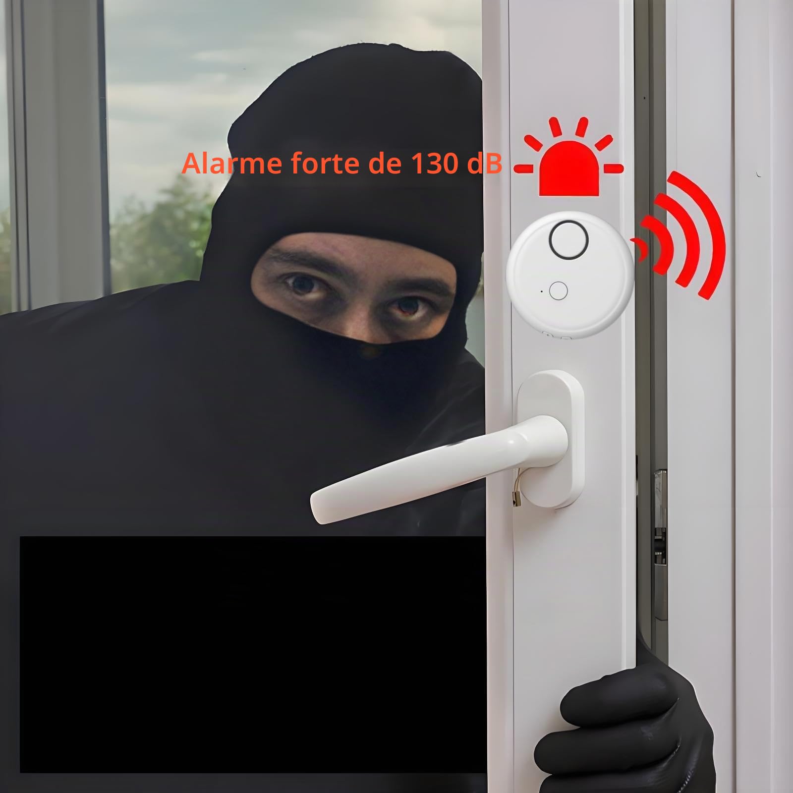 Lot de 4 alarmes à vibrations avec 5 niveaux de sensibilité 130 dB Sirène insonorisée Capteur de sécurité ajustable Mince Anti-effraction pour vitres Portes Coffres-forts Sans perçage