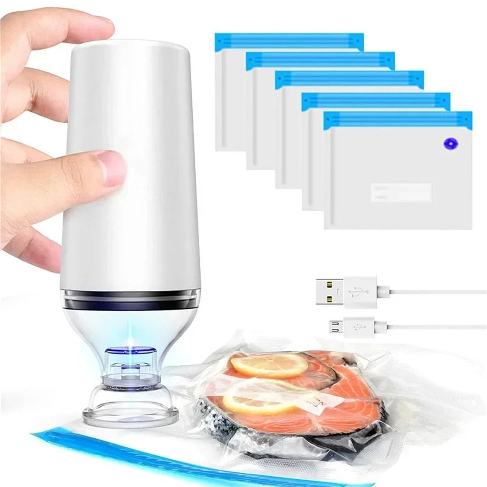 Lot de 15 sacs d'emballage sous vide réutilisables avec fermeture éclair - Pompe à sceller sous vide - Rechargeable par USB - Sans BPA - Lot de 15 sacs à pompe