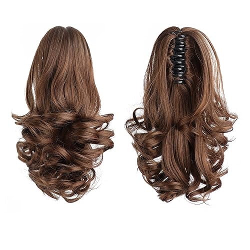HSPJHTM - Extensiones de cabello castaño para mujer, pinza de extensiones de cabello rizado de 12 pulgadas, extensiones de cabello sintético de cola