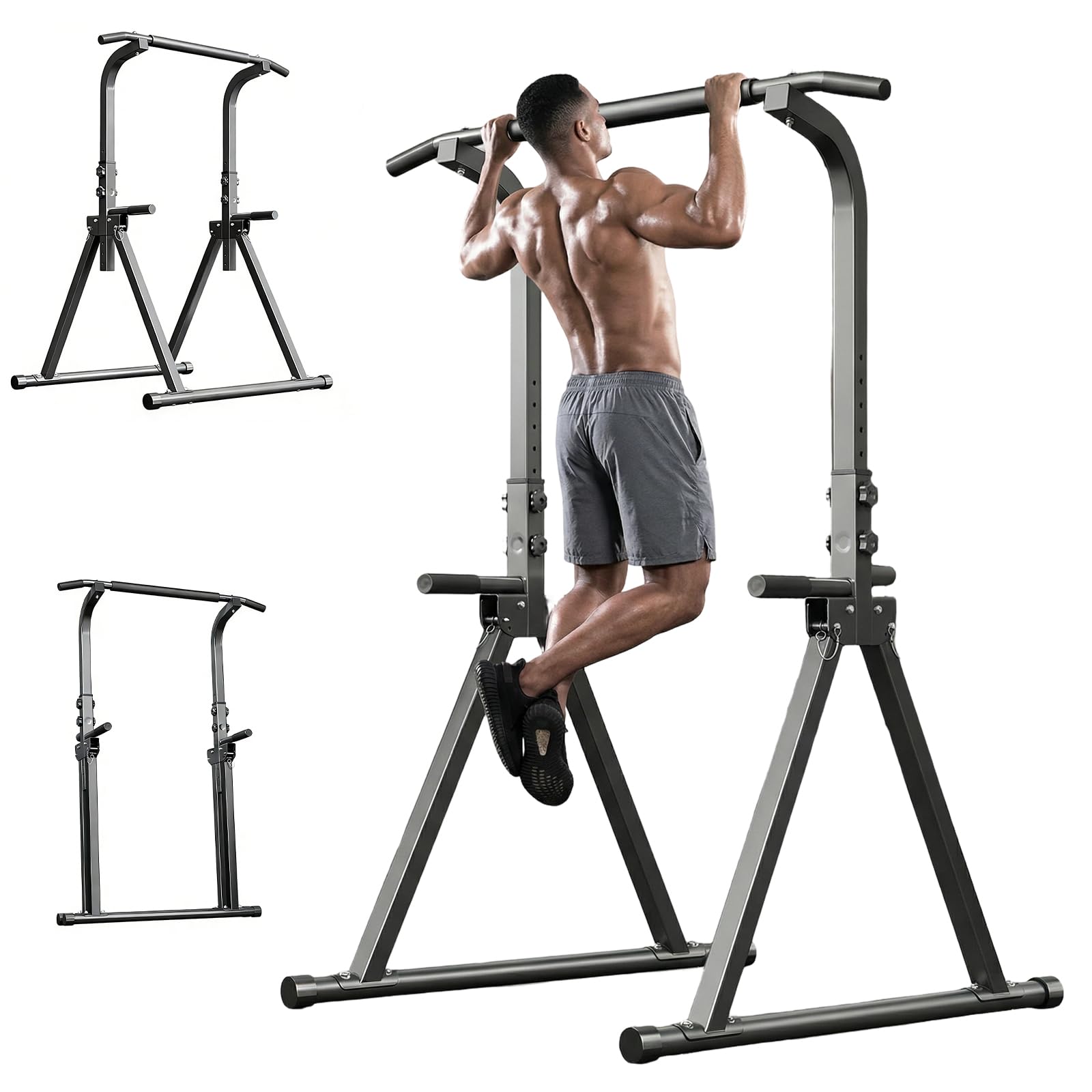 Foldable Power Tower, Pull Up Bar with 11-Height Adjustment(68.9-82.7in), Free Standing Dip Station for Home Gym, Multi-Function Training Equipment for Pull-up, Press-up, Strength Training